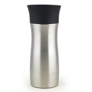 Side view of stainless steel Dorsch vacuum mug with black top 300ml
