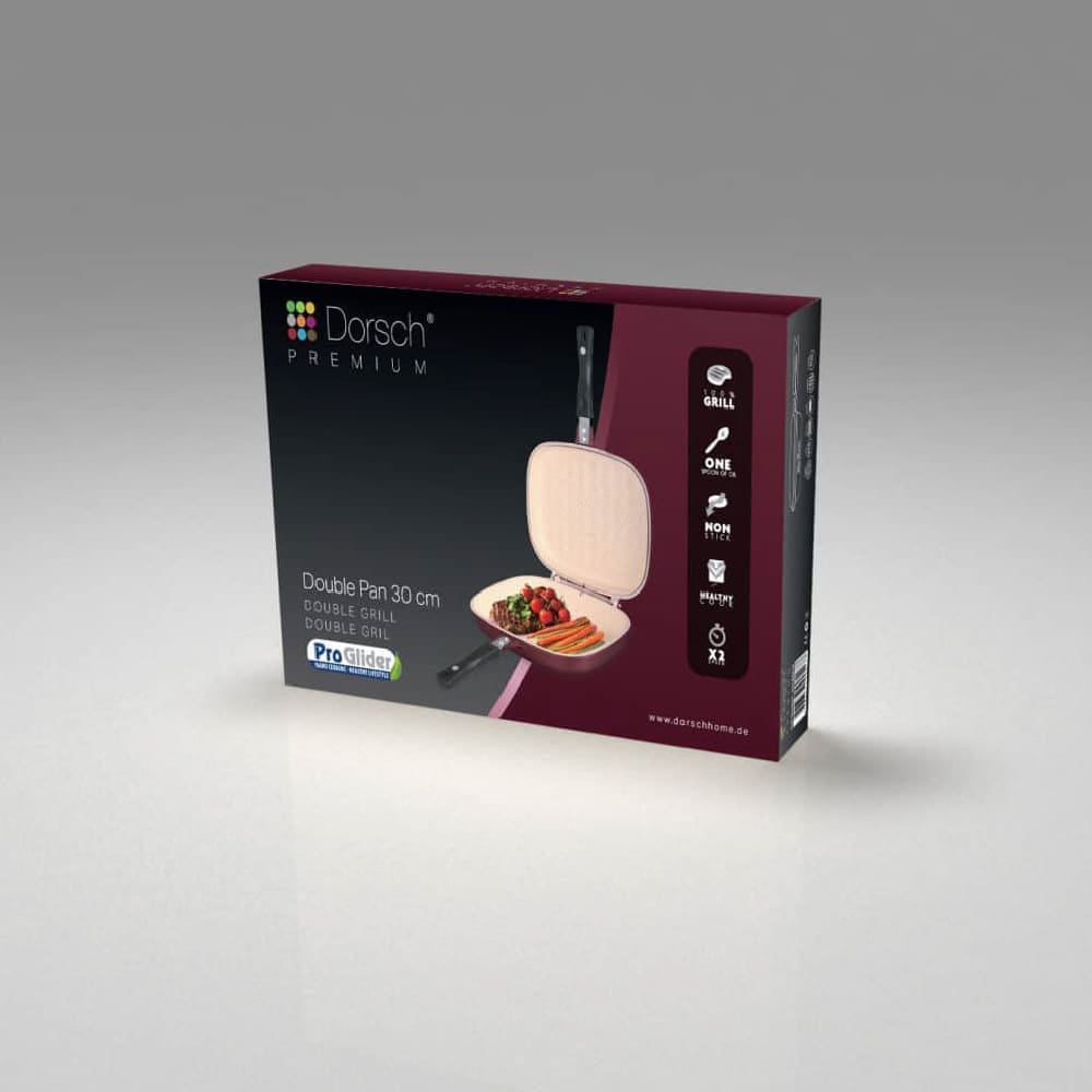 Retail box of Dorsch double grill pan 30cm showing non stick double grill design