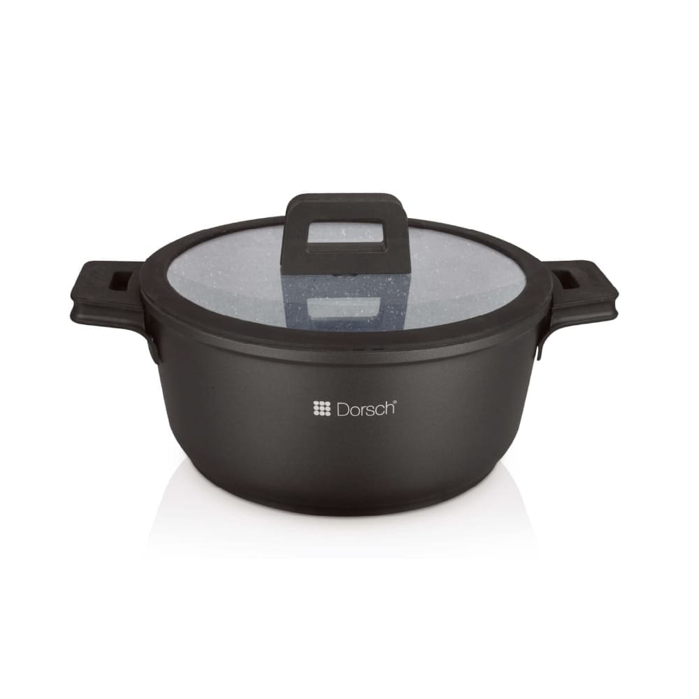 Black Dorsch casserole pot with glass lid and side handles, available in multiple sizes from 18cm to 40cm