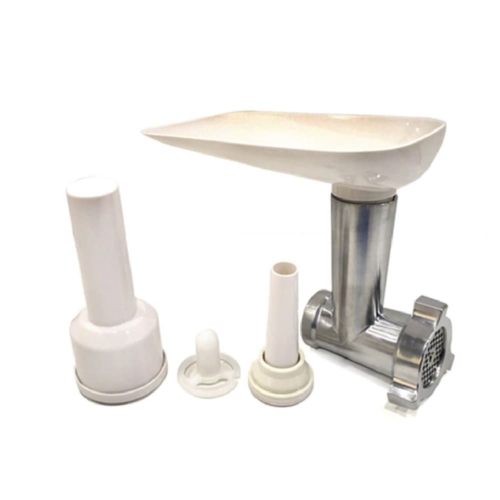 Dorsch meat grinder and sausage maker attachment set for kitchen machine with feed tray and tubes