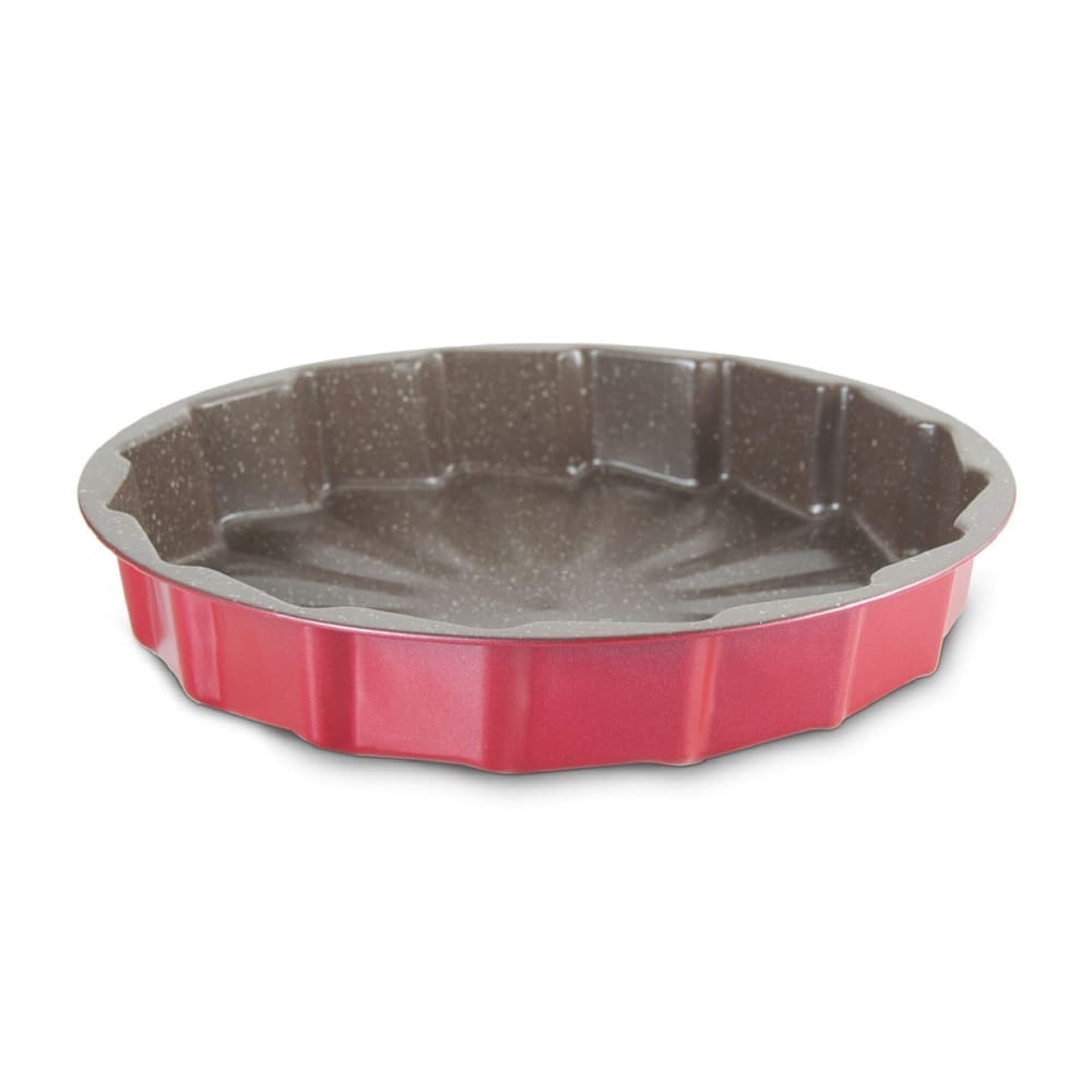 Side view of Dorsch 30cm round cake pan red with speckled non-stick interior