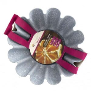 Dorsch flower cake pan with packaging sleeve showing baked flower cake