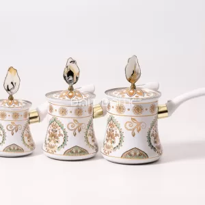 Luxury white Turkish coffee pot set, 3 pieces with gold and turquoise patterned design and decorative lids