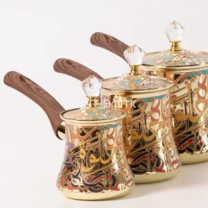 Gold Turkish coffee pot set 3 pieces with colorful Arabic calligraphy, crystal lids and wood-look handles