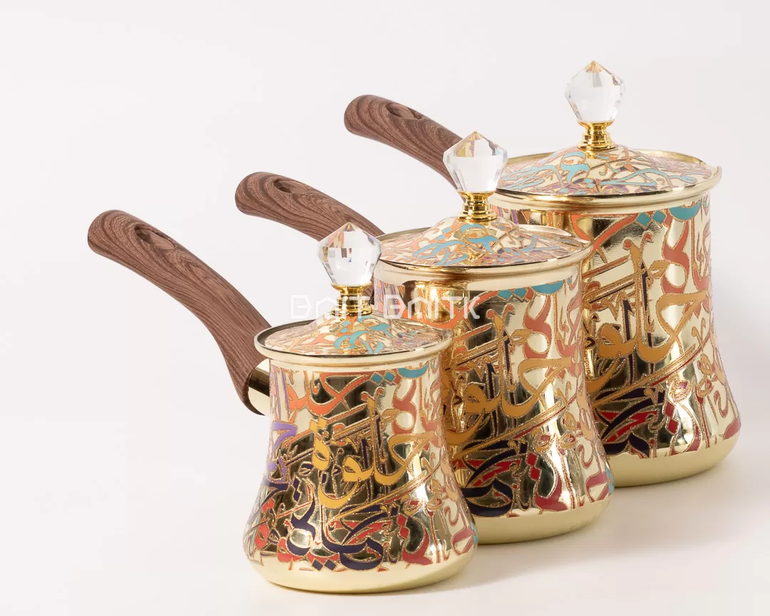 Gold Turkish coffee pot set 3 pieces with colorful Arabic calligraphy, crystal lids and wood-look handles