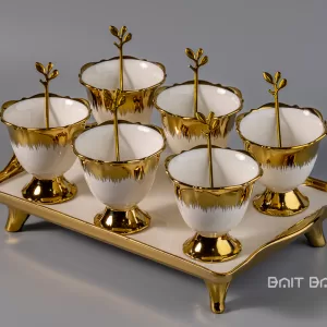 Luxury gold dessert serving set with six bowls and spoons on rectangular tray