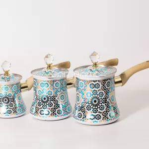 Moroccan blue Turkish coffee pot set of 3 with crystal knobs and wood handles