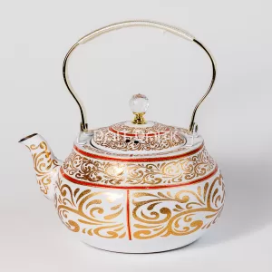إبريق شاي أبيض بنقشة ذهبية ولمسات حمراء مع العلبة سعة 2.0 لتر