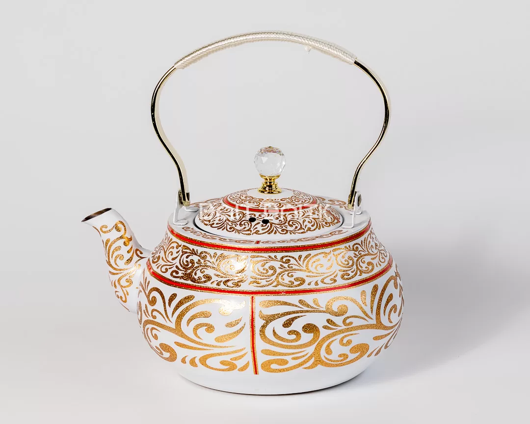 إبريق شاي أبيض بنقشة ذهبية ولمسات حمراء مع العلبة سعة 2.0 لتر