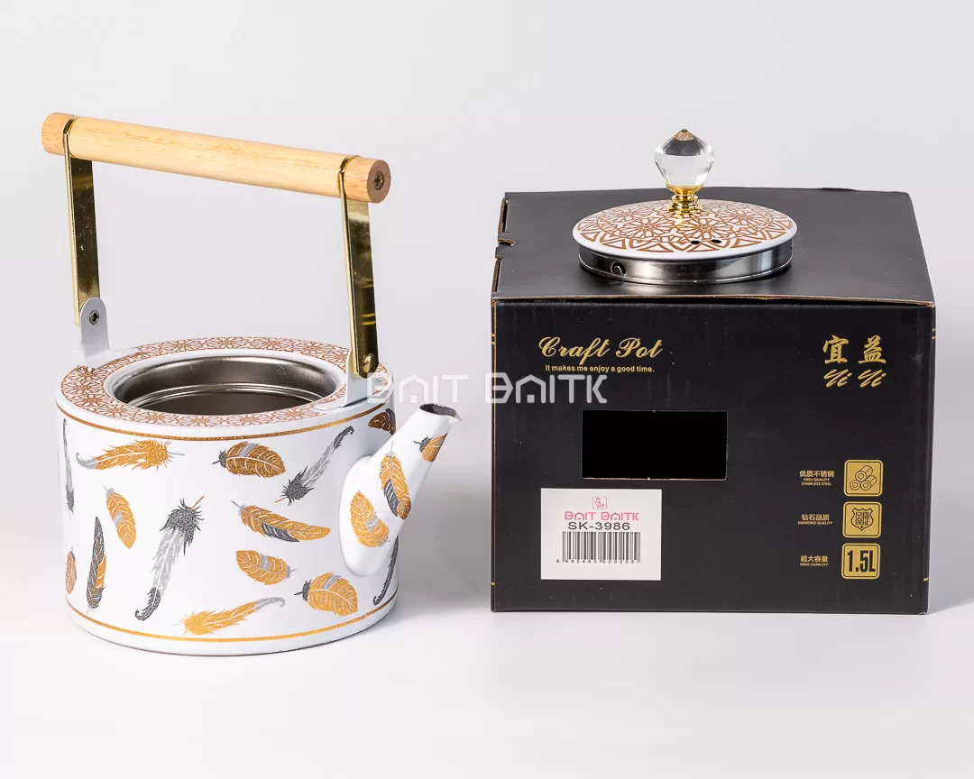 إبريق شاي أبيض نقش ريش مع العلبة سعة 1.5 لتر SK-3986