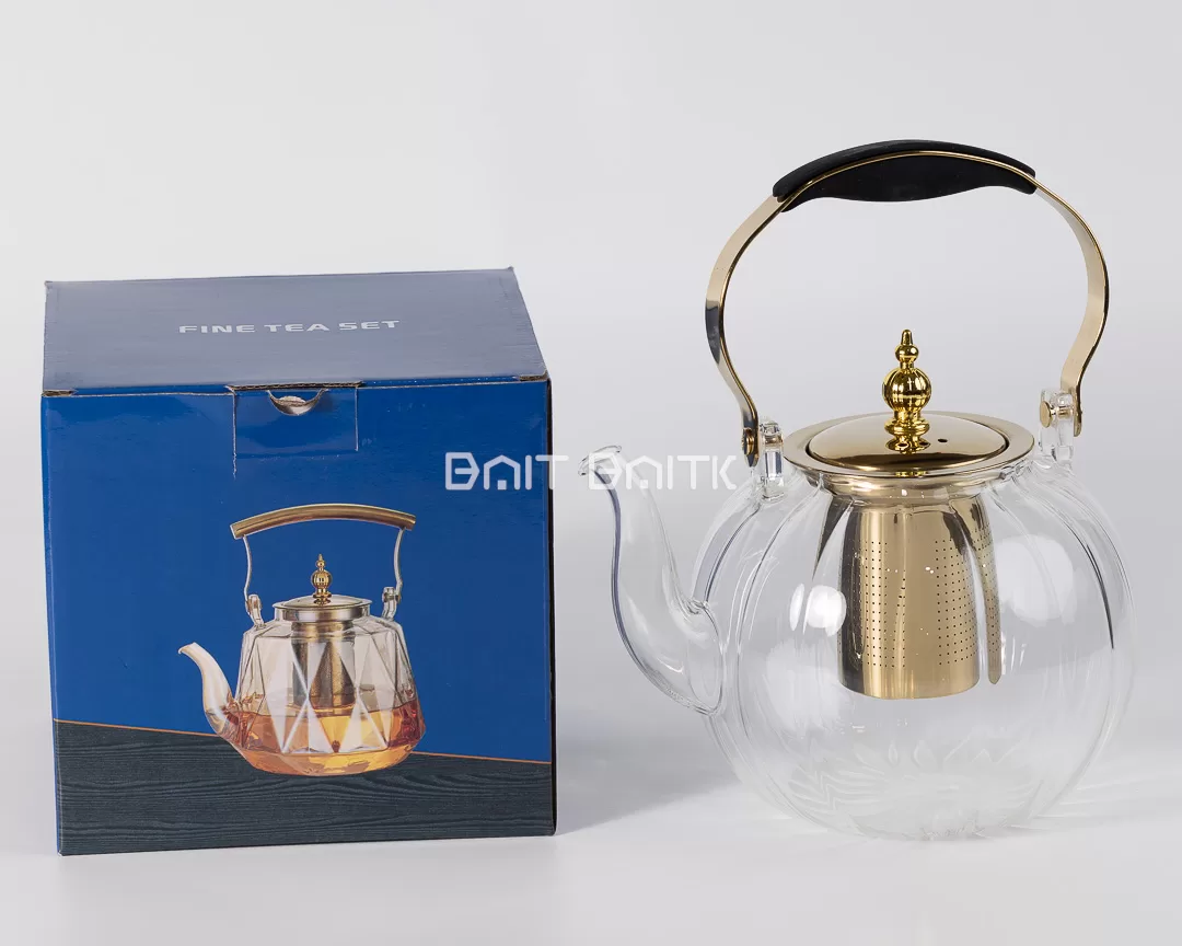 إبريق شاي زجاج بوروسيليكات بجانب علبة المنتج – Fine Tea Set