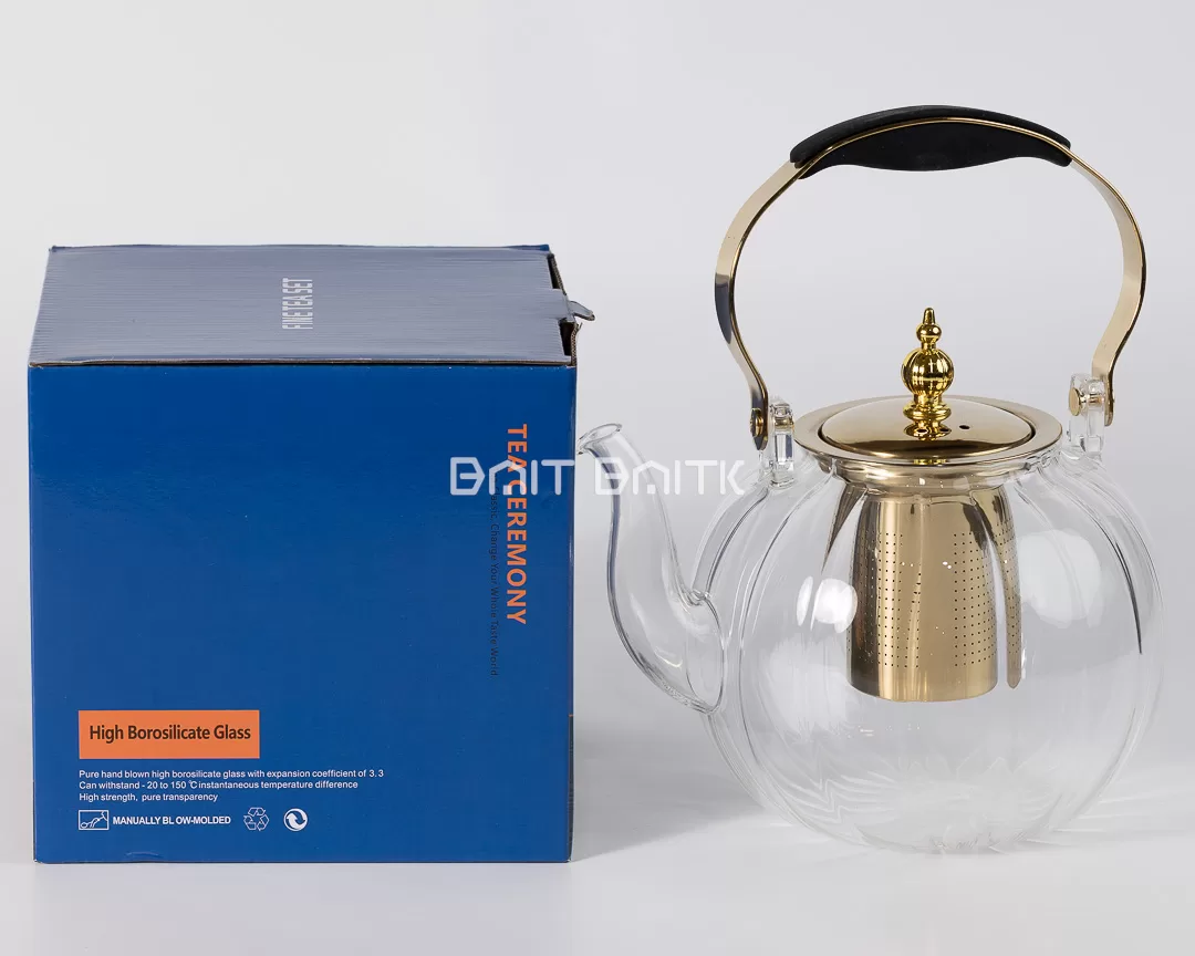 إبريق شاي زجاج بوروسيليكات مع تفاصيل ذهبية ومصفاة داخلية
