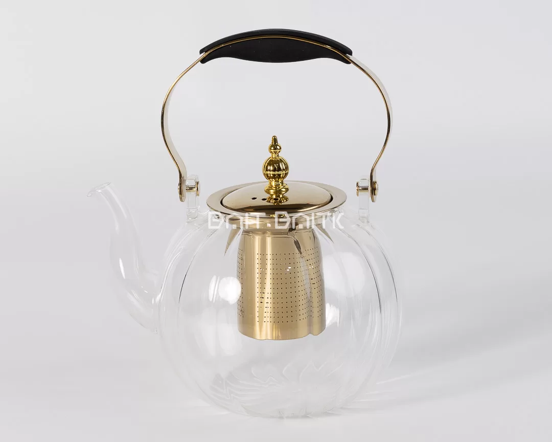 إبريق شاي زجاج بوروسيليكات مع مصفاة ستانلس وغطاء ذهبي